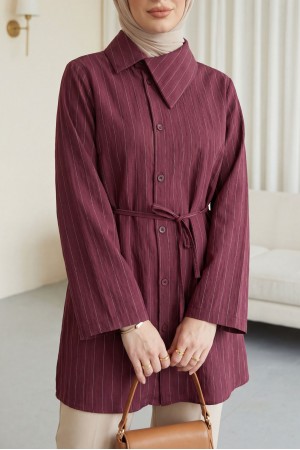 Side Collar, Button-Down, Striped, Lace-Up Crinkle Shirt -Damson