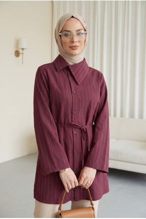 Side Collar, Button-Down, Striped, Lace-Up Crinkle Shirt -Damson