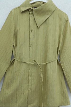 Side Collar, Button-Down, Striped, Lace-Up Crinkle Shirt -Oil Green