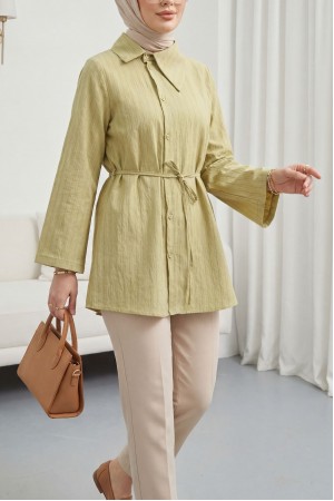 Side Collar, Button-Down, Striped, Lace-Up Crinkle Shirt -Oil Green