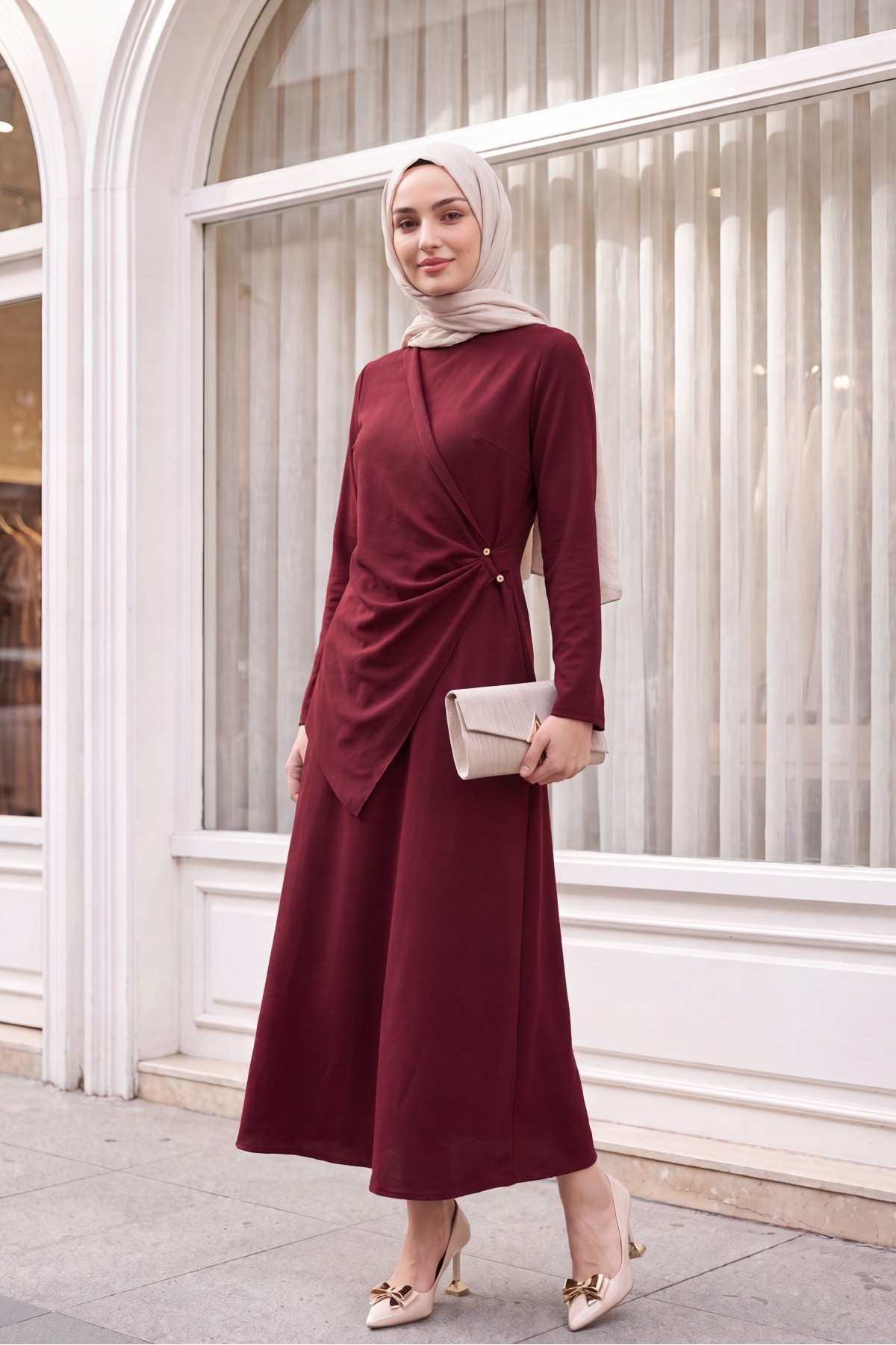 Cross Buckle Round Neck Imported Crepe Dress -Maroon