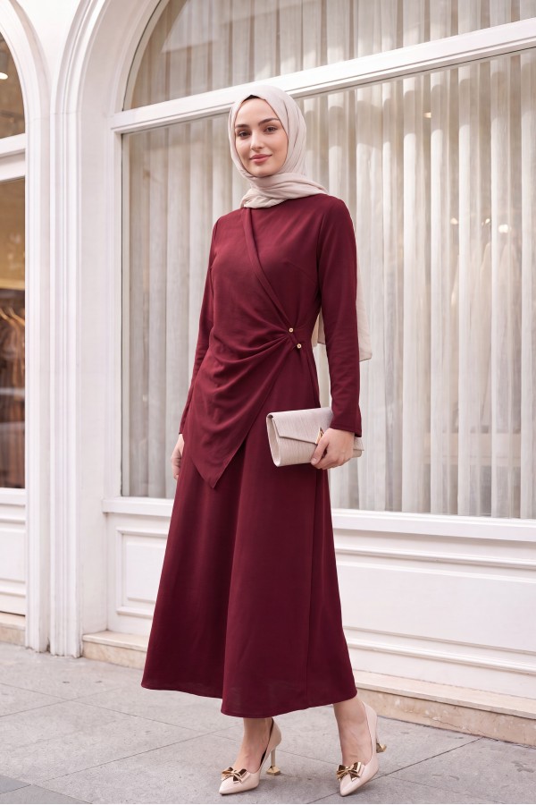 Cross Buckle Round Neck Imported Crepe Dress -Maroon