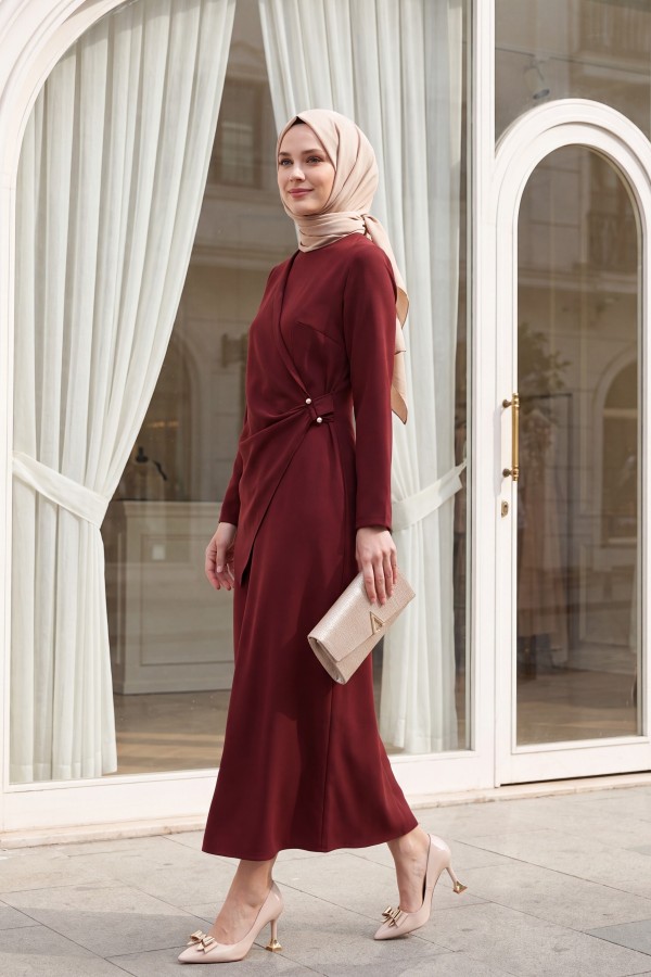 Cross Buckle Round Neck Imported Crepe Dress -Maroon