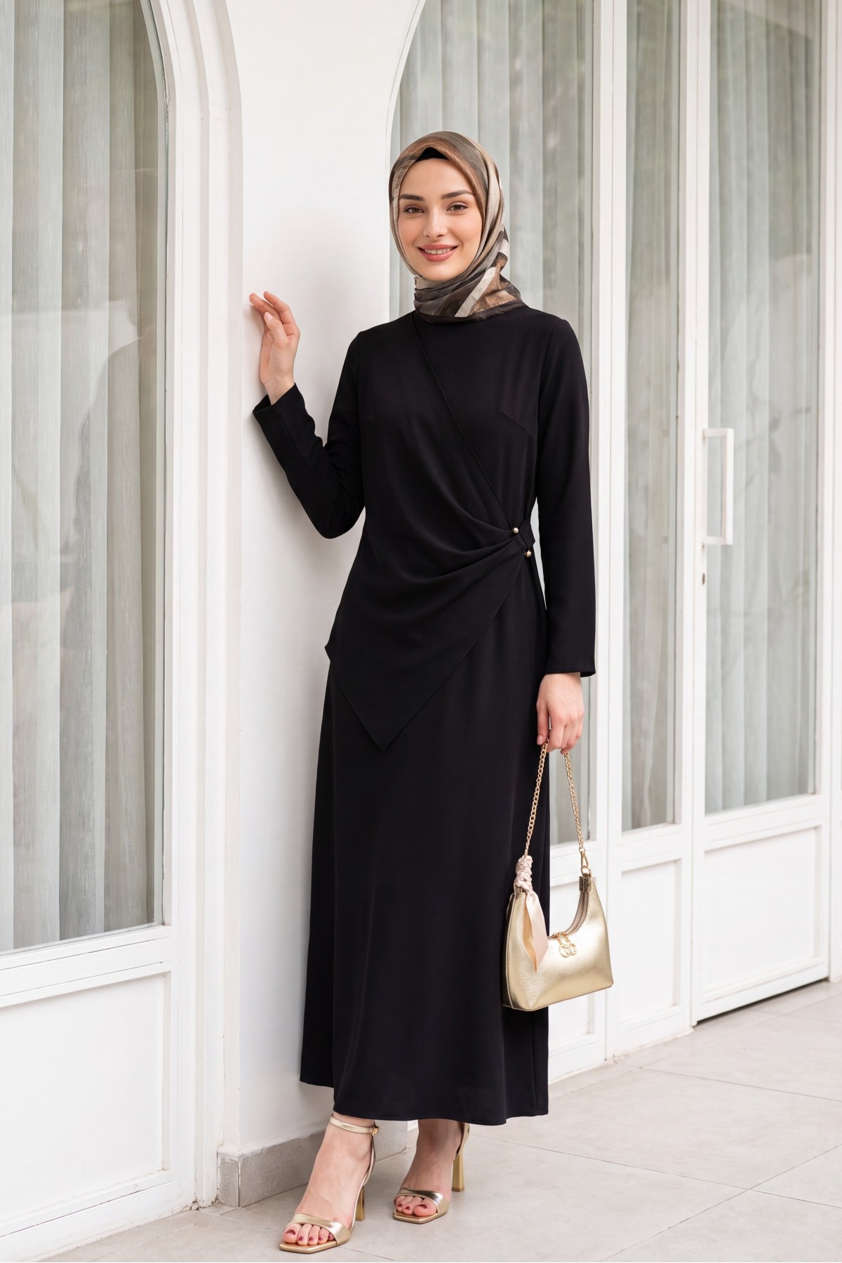 Cross Buckle Round Neck Imported Crepe Dress -Dark Coffee