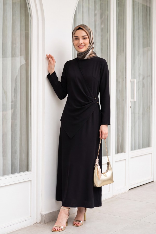 Cross Buckle Round Neck Imported Crepe Dress -Dark Coffee