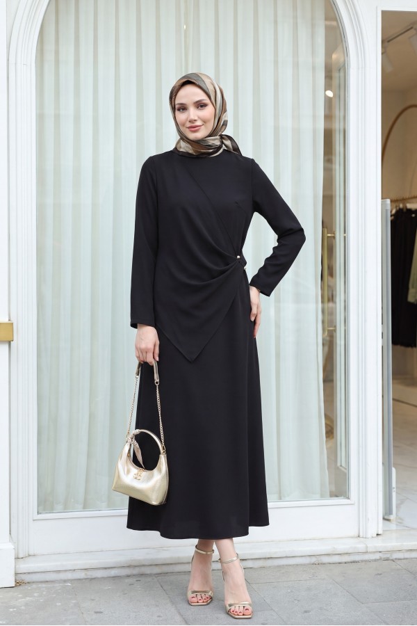 Cross Buckle Round Neck Imported Crepe Dress -Dark Coffee
