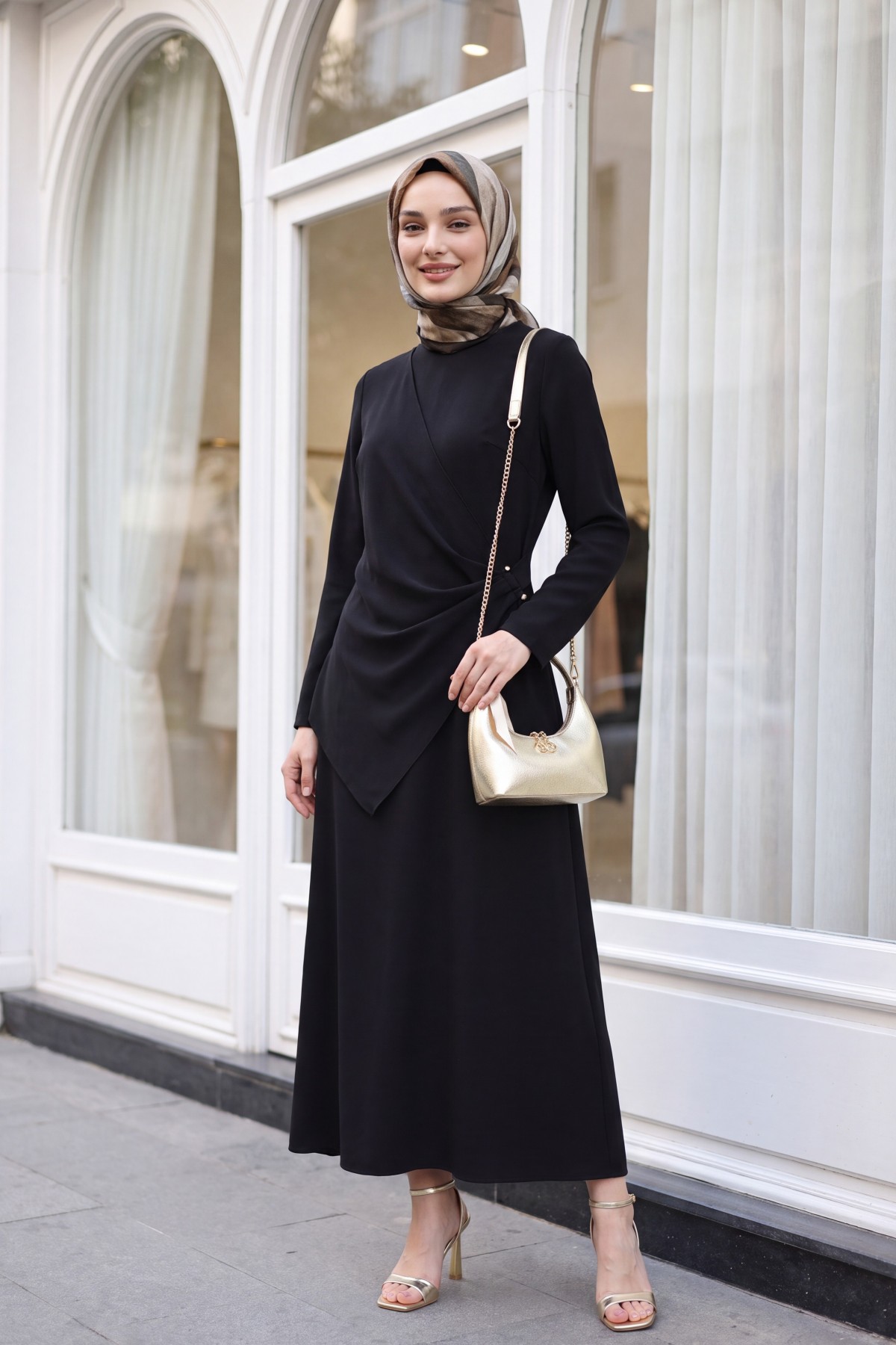 Cross Buckle Round Neck Imported Crepe Dress -Dark Coffee