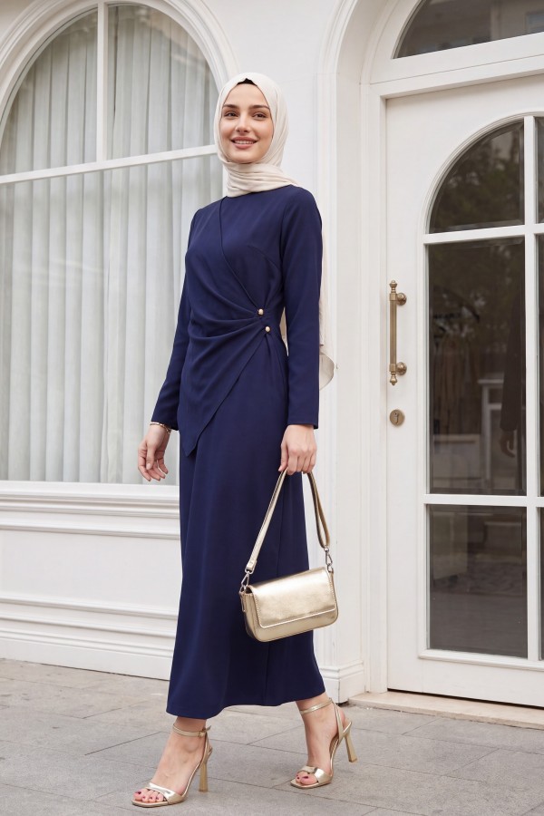 Cross Buckle Round Neck Imported Crepe Dress -Navy blue