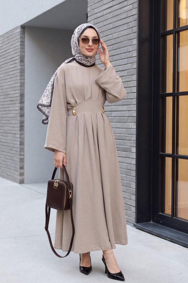 Pleated Modal Dress with Belt and Buckle Detail   -Mink color