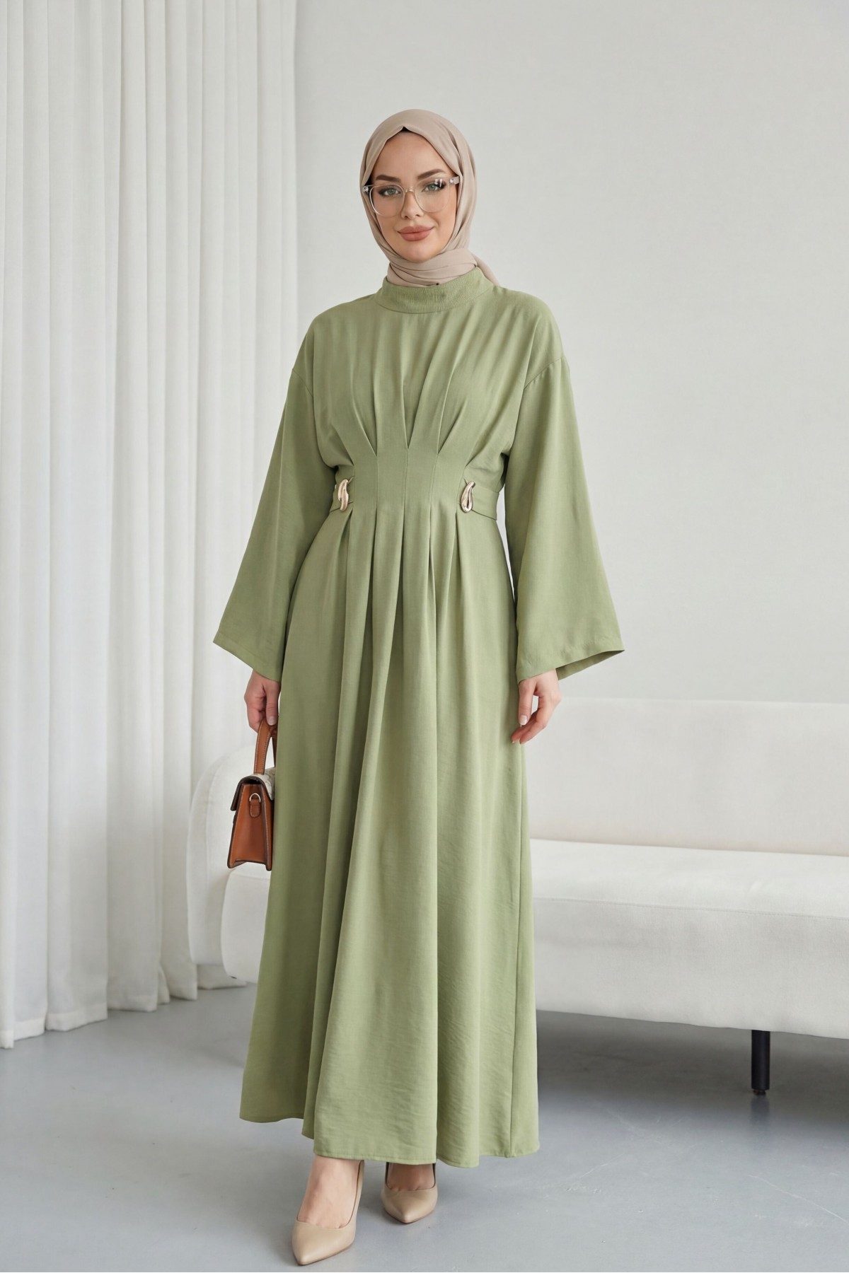 Pleated Modal Dress with Belt and Buckle Detail   -Olive