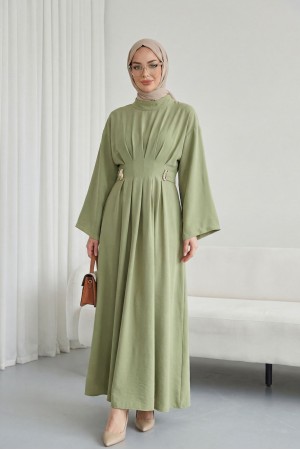 Pileli Beli Kemerli Toka Detaylı Modal Elbise   -Zeytin