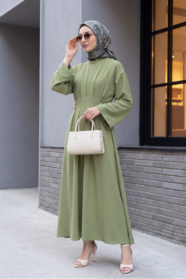 Pleated Modal Dress with Belt and Buckle Detail   -Olive