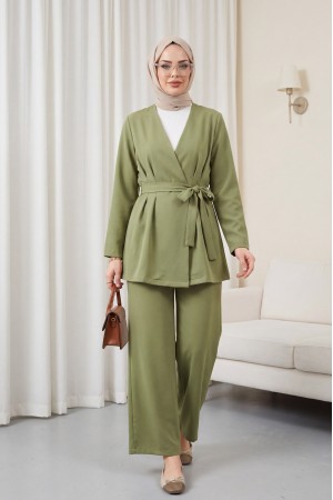 Imported Crepe Set with Dart Detail and Cross-Face Trousers -Cagla Green