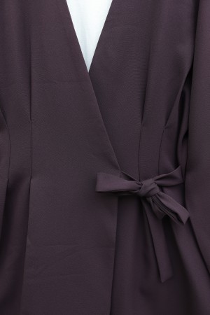 Pens Detaylı Önü Çapraz Bağlamalı Pantolonlu İthal Krep Takım -Mürdüm