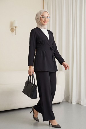 Imported Crepe Set with Dart Detail and Cross-Face Trousers -Black