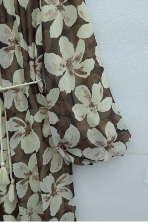 Robadan Büzgülü Kemerli Astarlı Şifon Elbise -Kahve