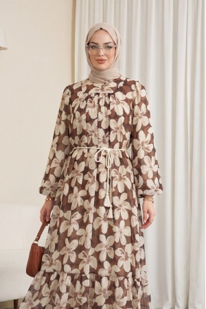 Robadan Büzgülü Kemerli Astarlı Şifon Elbise -Kahve