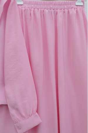 Önü Biritli Bağlamalı Volan Detaylı Etekli Modal Takım  -Pembe