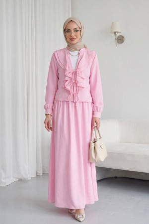Önü Biritli Bağlamalı Volan Detaylı Etekli Modal Takım  -Pembe