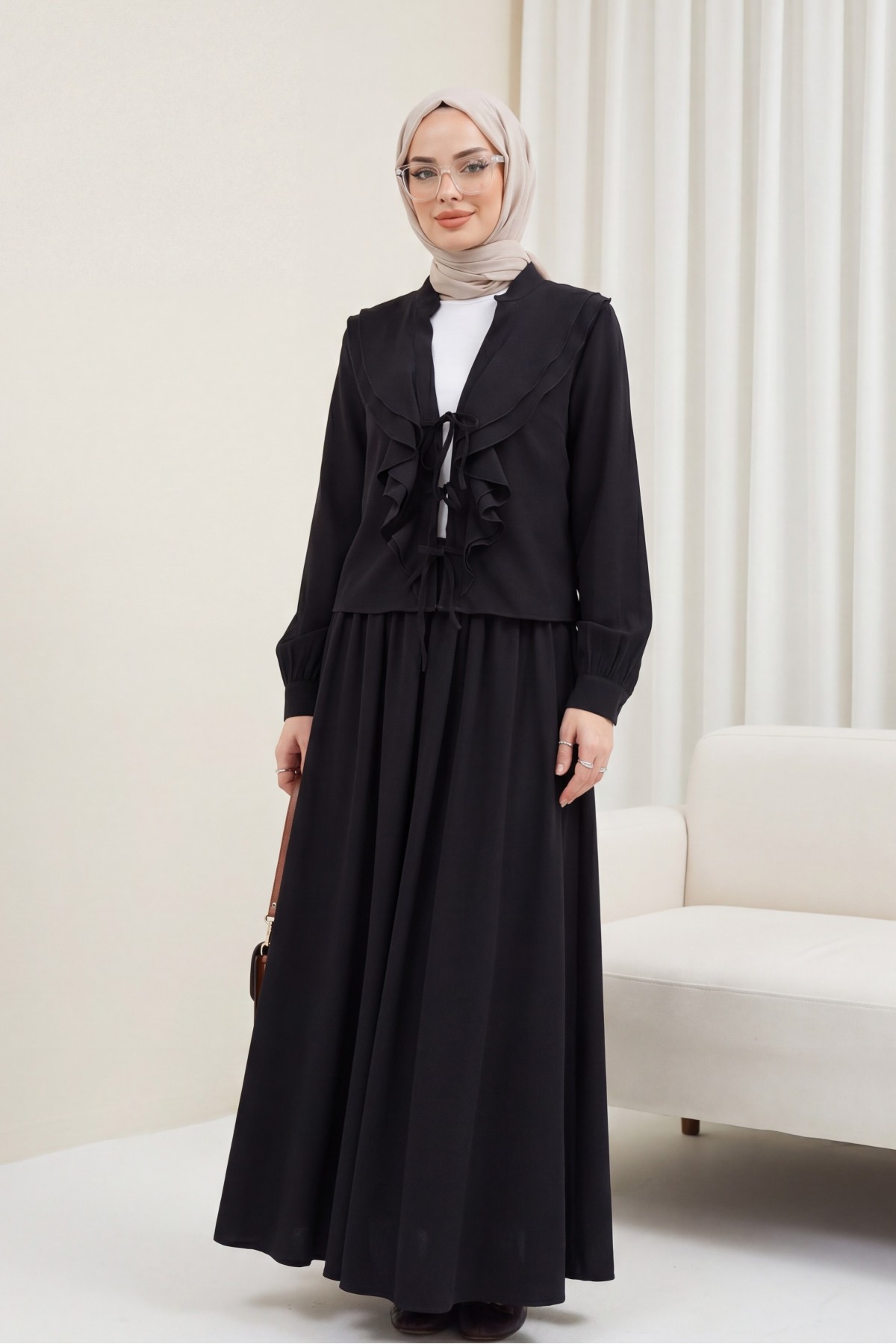 Modal Set with Front Tie-Up and Ruffled Skirt -Black