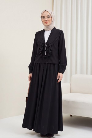 Önü Biritli Bağlamalı Volan Detaylı Etekli Modal Takım  -Siyah