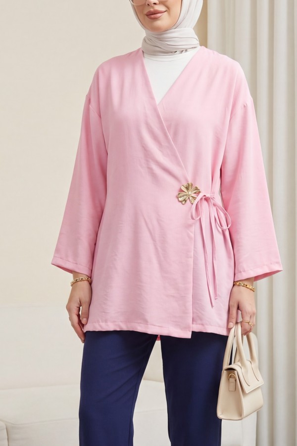 Modal Tunic with Side Cross Tie and Buckle -Pink