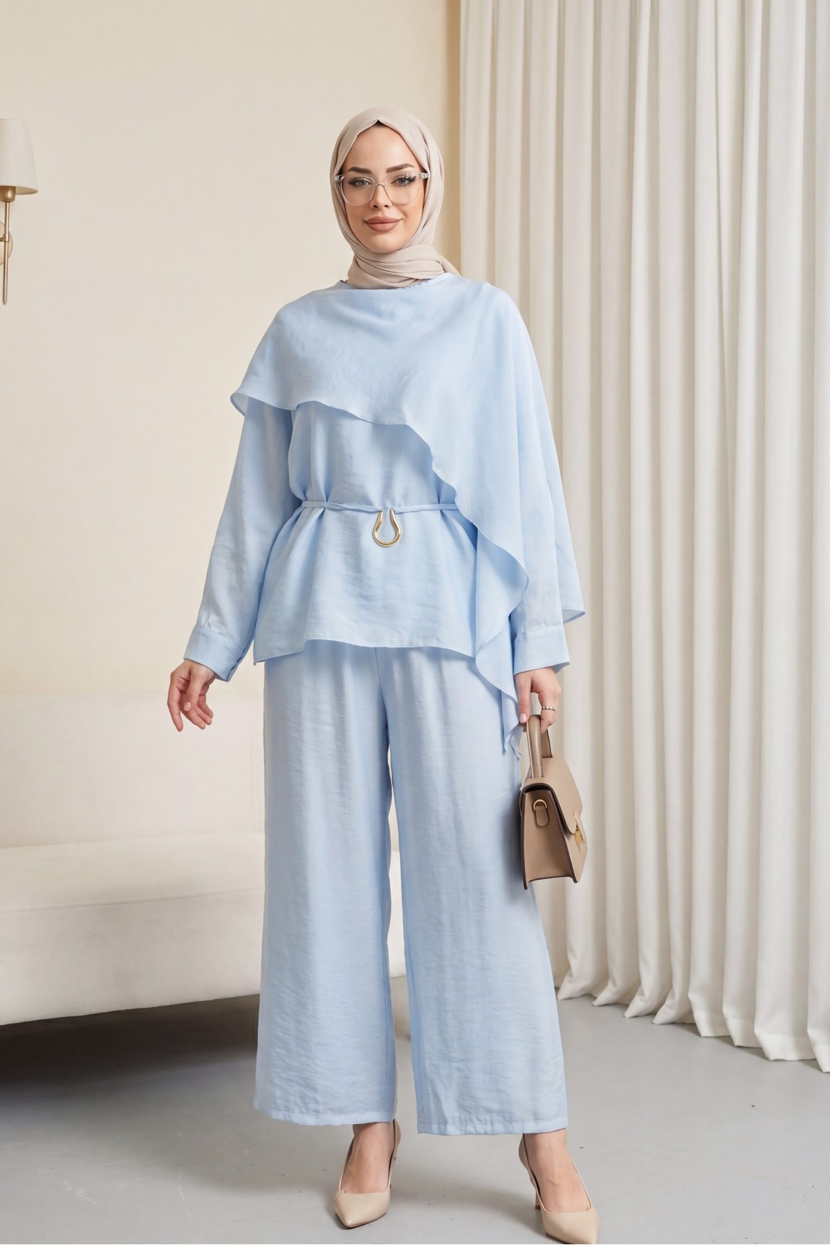 Asymmetrical Cut Trousers, Lined, Belted Cupra Suit -Blue