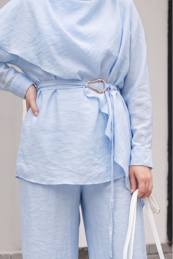 Asymmetrical Cut Trousers, Lined, Belted Cupra Suit -Blue