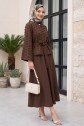 Single-Button Belted Skirt with Pockets and Embossed Jacquard Pattern -Brown