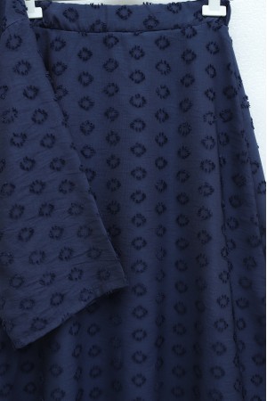 Single-Button Belted Skirt with Pockets and Embossed Jacquard Pattern -Navy blue