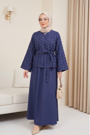 Single-Button Belted Skirt with Pockets and Embossed Jacquard Pattern -Navy blue