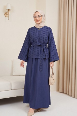 Single-Button Belted Skirt with Pockets and Embossed Jacquard Pattern -Navy blue