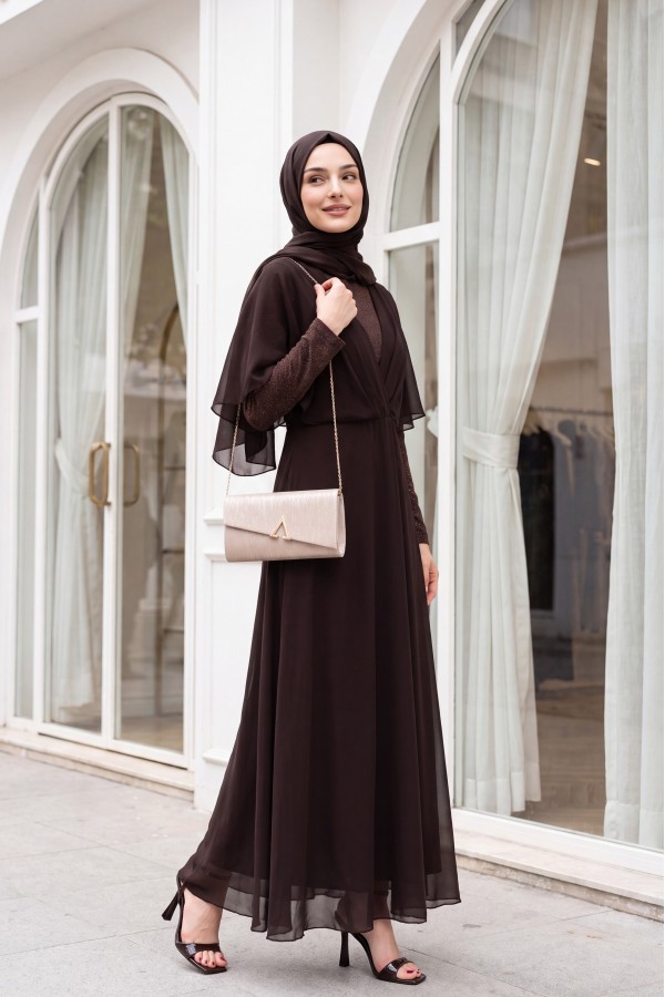 Silvery Chiffon Long Evening Dress   -Dark Coffee