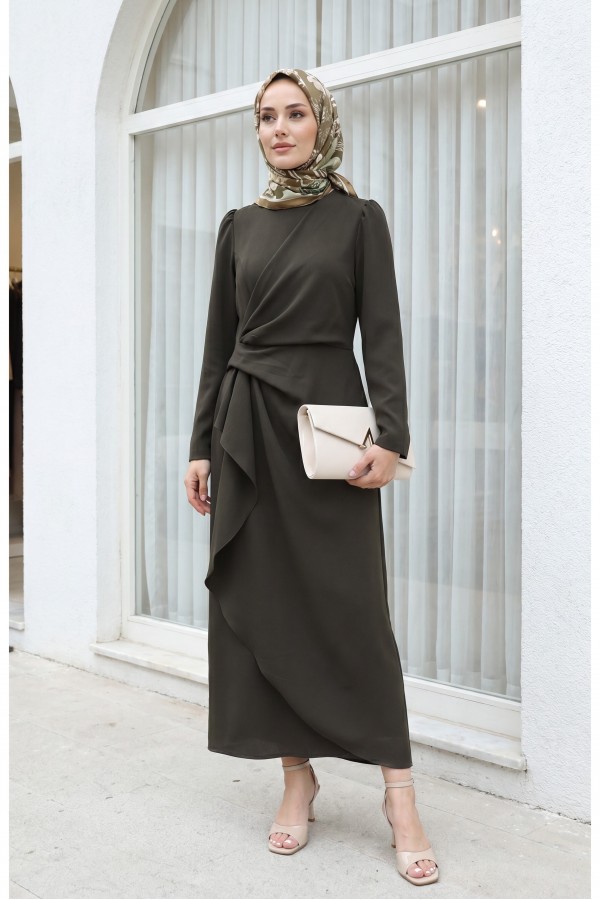 Asymmetrical Crepe Dress with Front Allery Skirt     -Dark Coffee