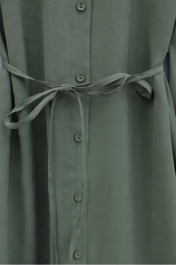 Button-front shirt collar, tie-waist long modal tunic -Khaki