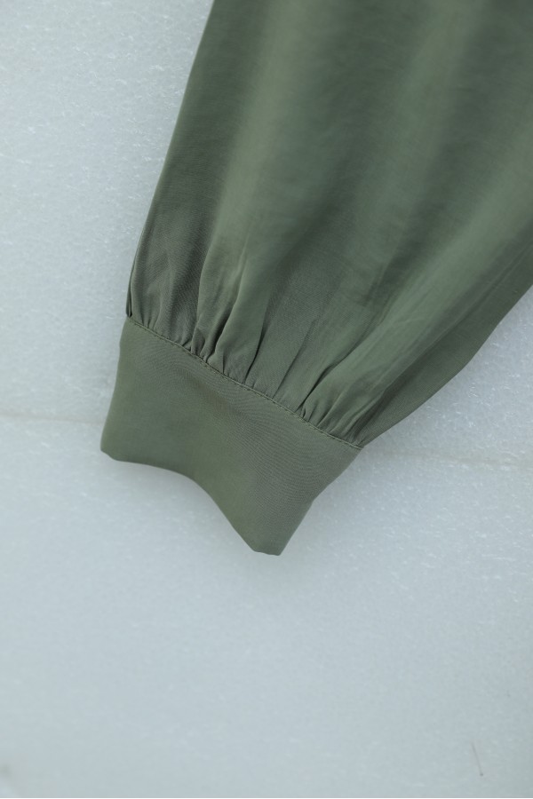 Button-front shirt collar, tie-waist long modal tunic -Khaki