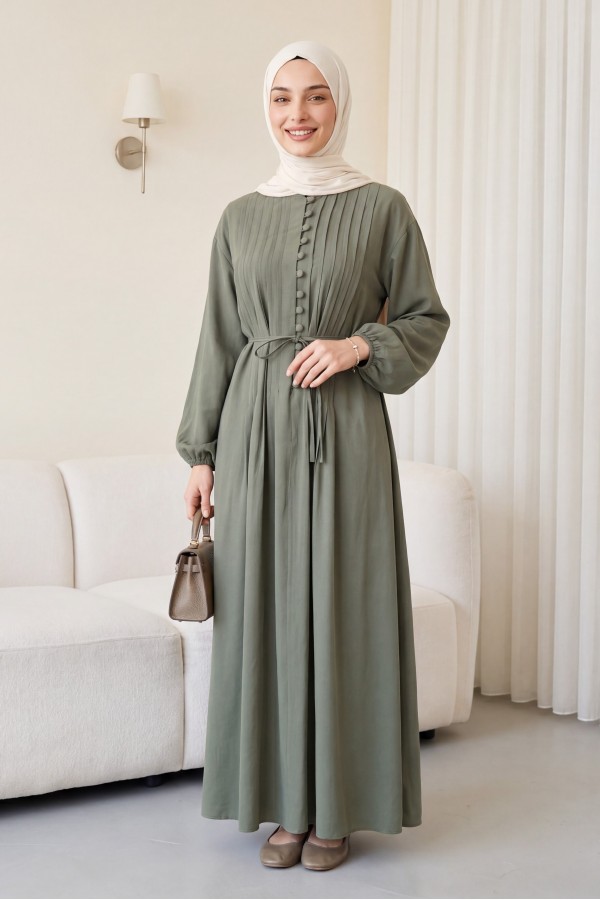 Half-Button Modal Dress with Ribbed Front and Belt -Cagla Green