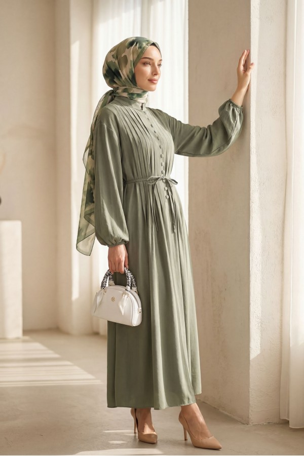 Half-Button Modal Dress with Ribbed Front and Belt -Cagla Green