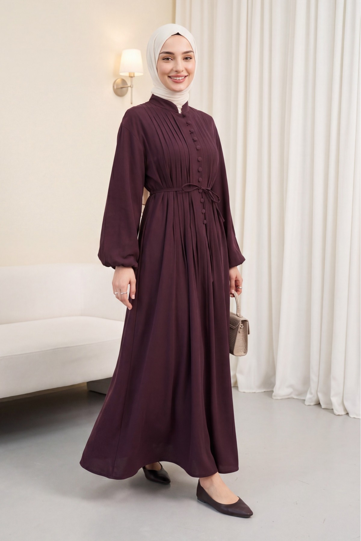 Half-Button Modal Dress with Ribbed Front and Belt -Damson detay görseli