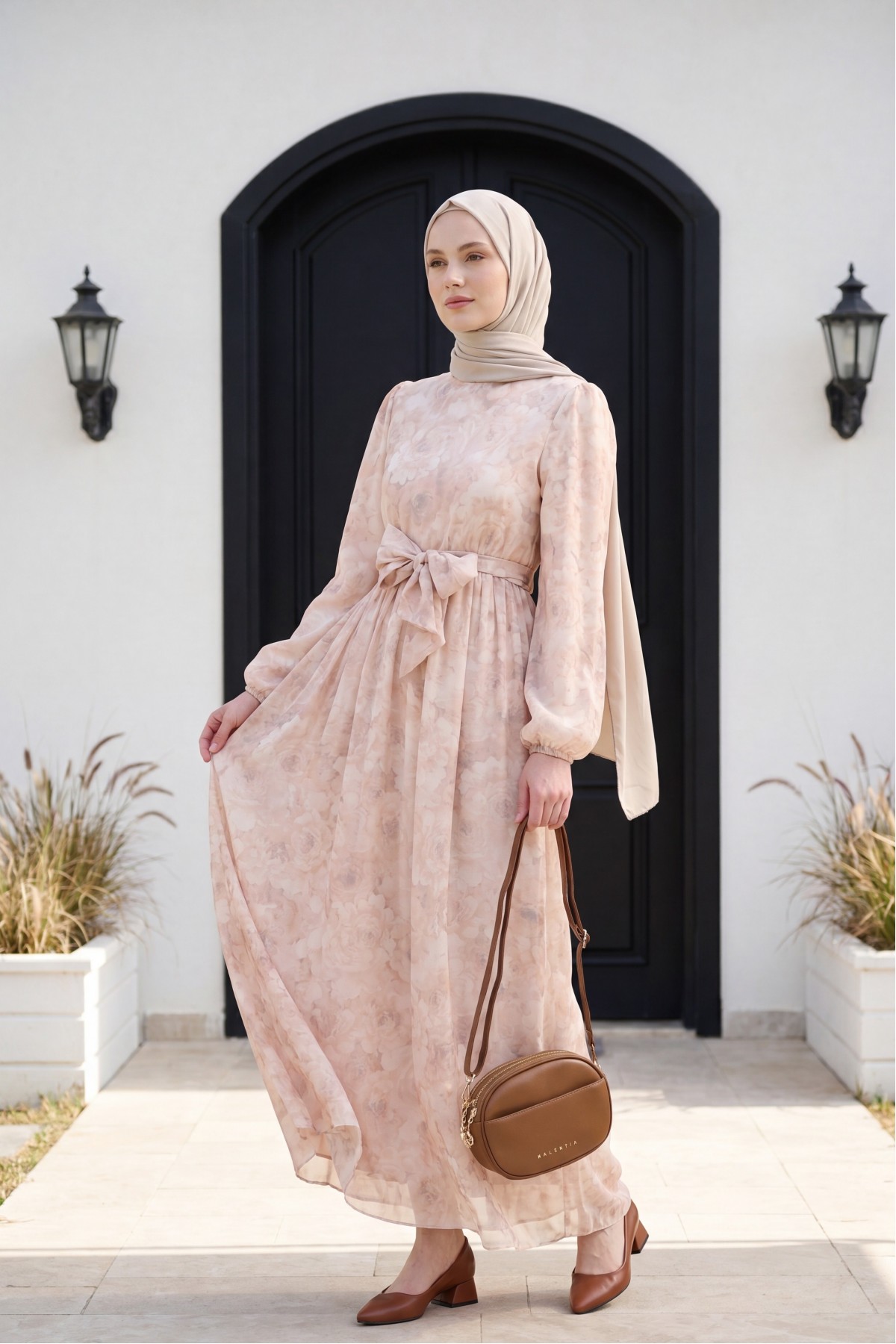 Belted Balloon Sleeve Lined Tulle Voile Dress - Beige