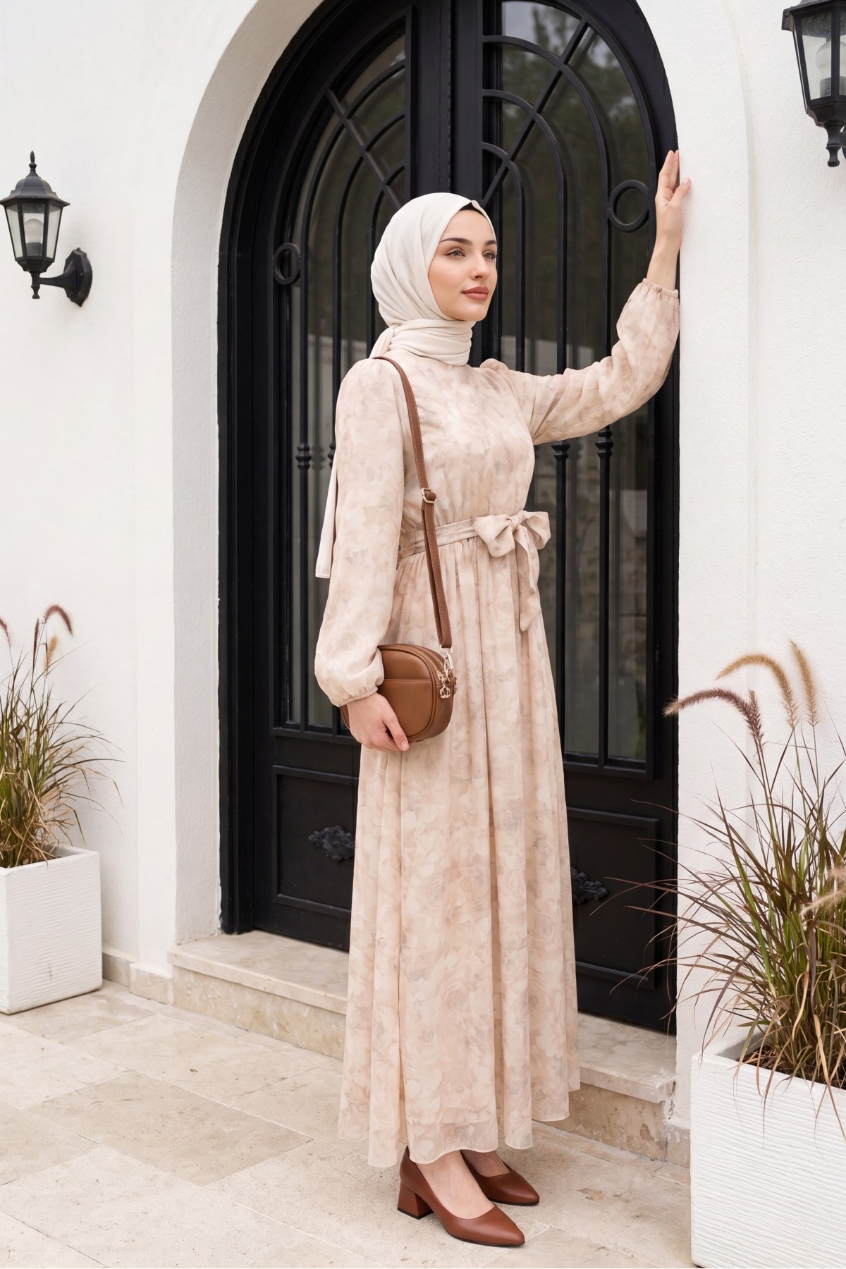 Belted Balloon Sleeve Lined Tulle Voile Dress - Beige