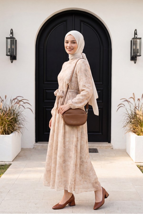Belted Balloon Sleeve Lined Tulle Voile Dress - Beige