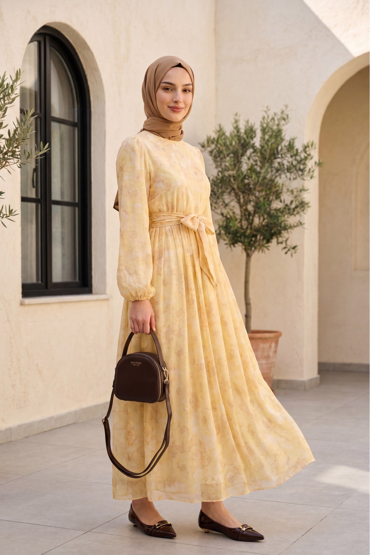 Belted Balloon Sleeve Lined Tulle Voile Dress -Yellow