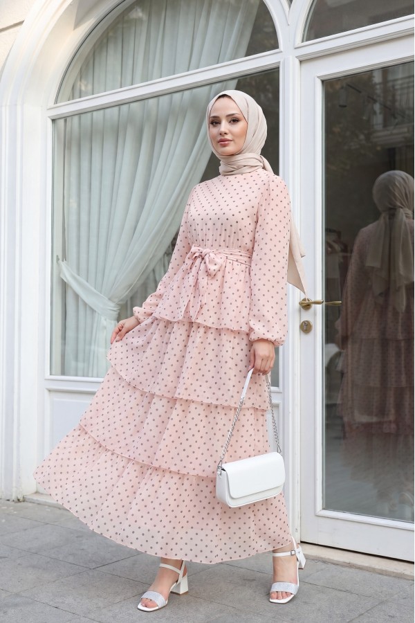 Layered Polka Dot Chiffon Dress with Cross -Powder