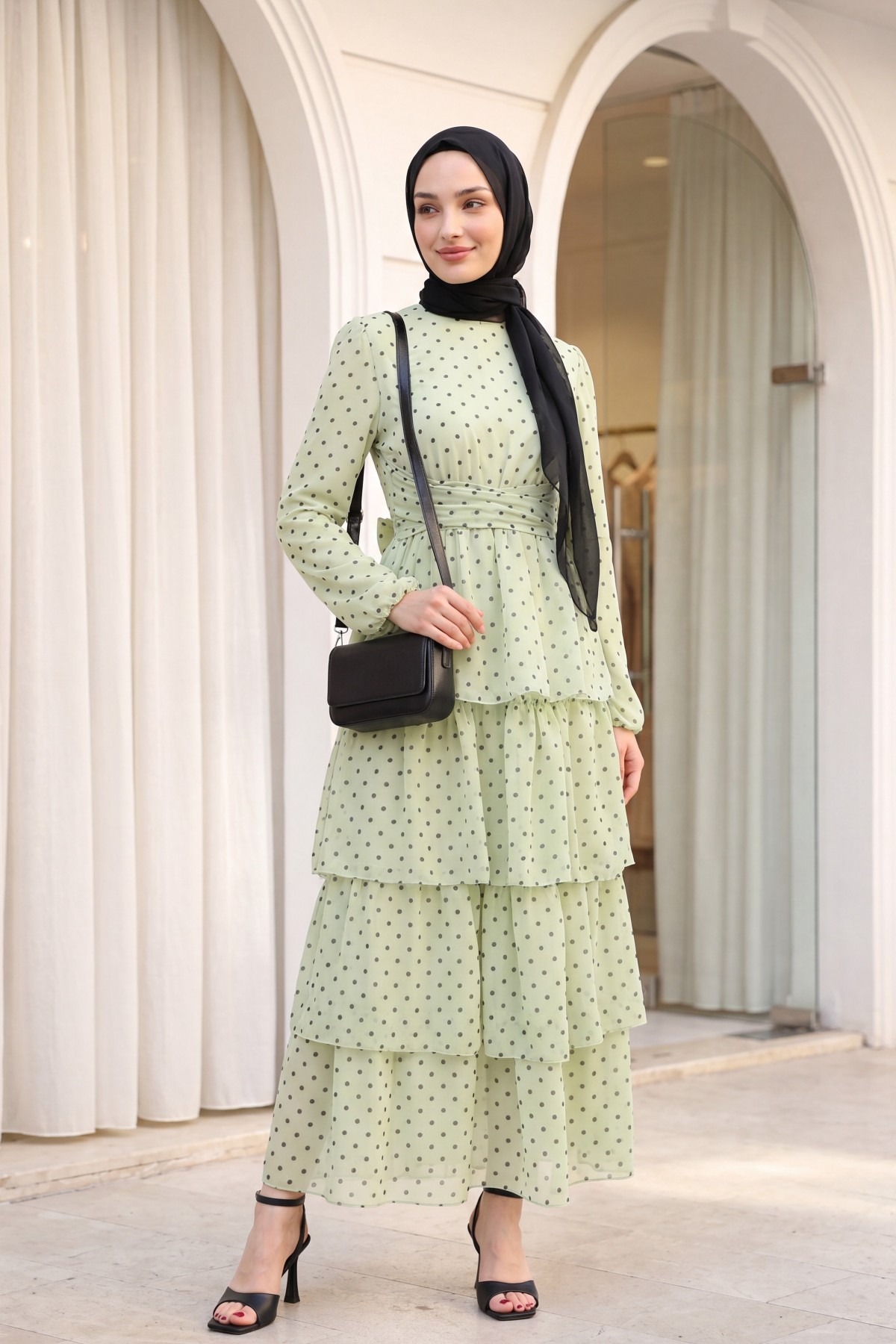Layered Polka Dot Chiffon Dress with Cross -Sea green
