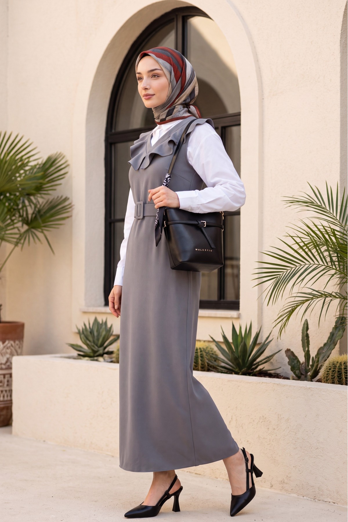 V Neck Long Gilet Dress          -Dark Grey
