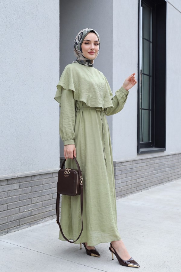 Lined Tulle Modal Dress with Cape Detail Neckline and Belt -Cagla Green