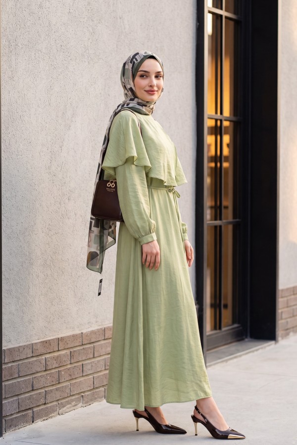 Lined Tulle Modal Dress with Cape Detail Neckline and Belt -Cagla Green