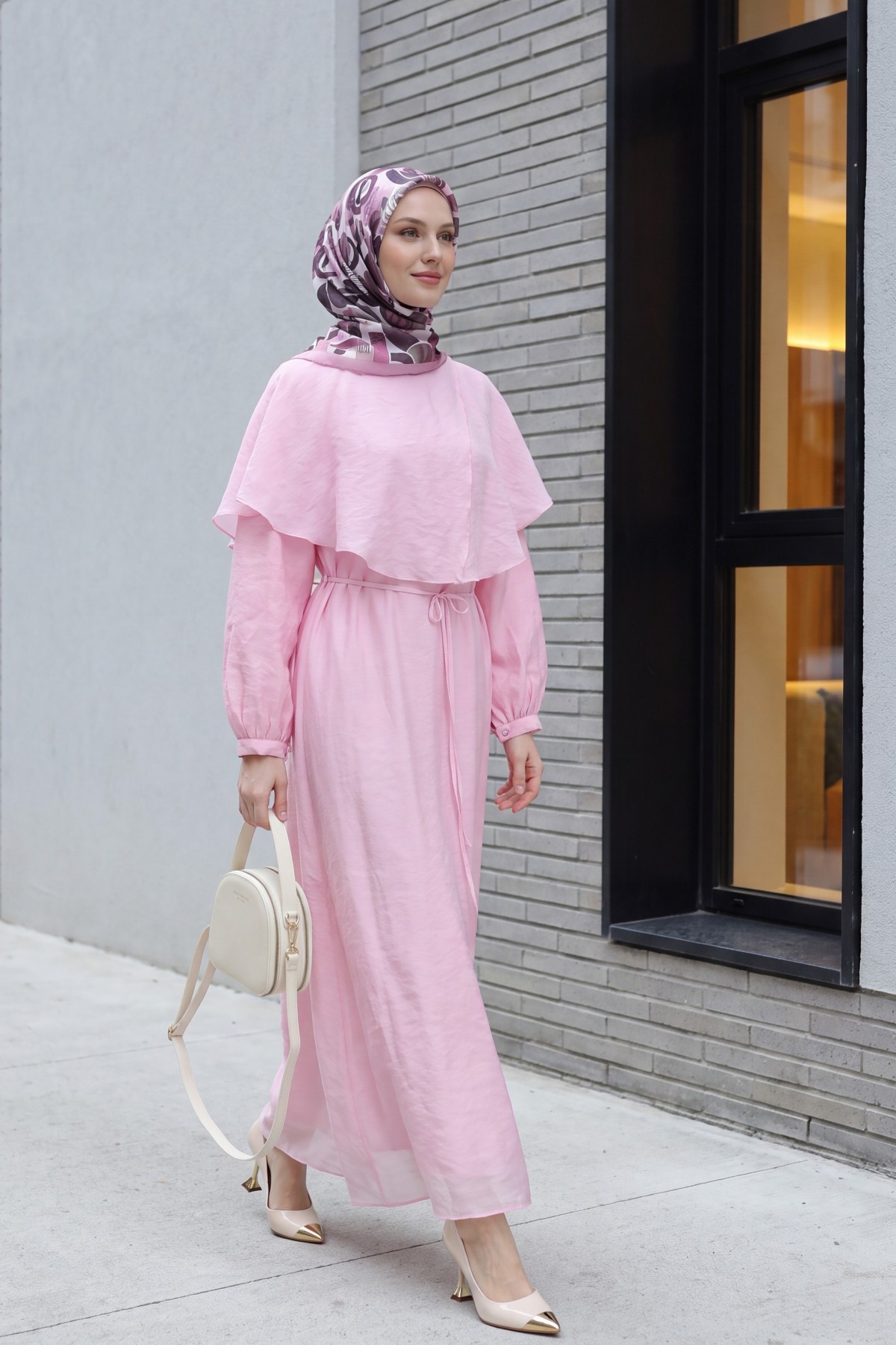 Lined Tulle Modal Dress with Cape Detail Neckline and Belt -Pink