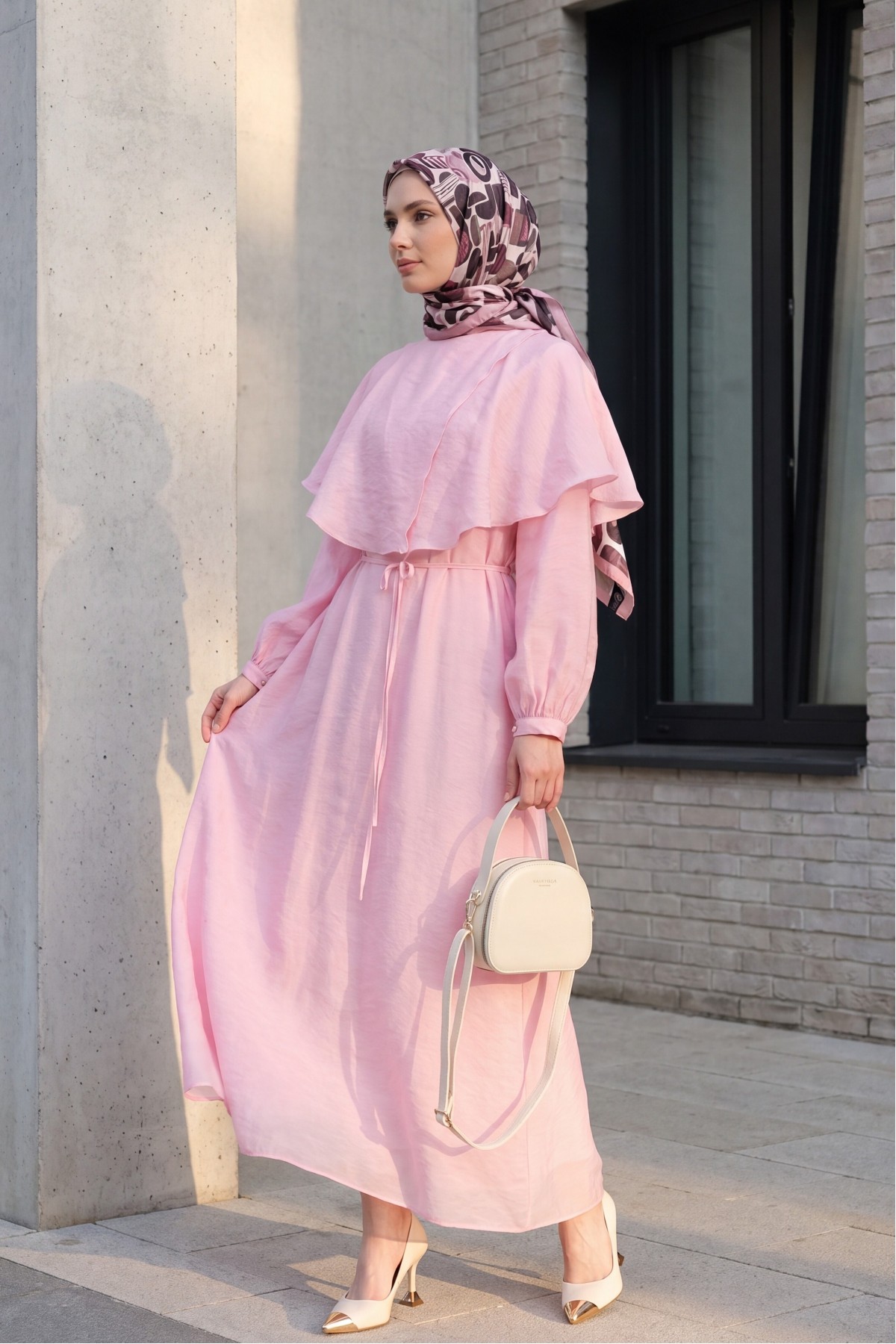 Lined Tulle Modal Dress with Cape Detail Neckline and Belt -Pink